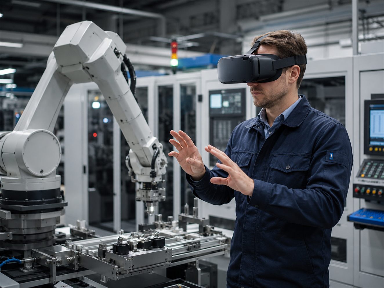 Engineer in an XR headset working beside an industrial robot arm