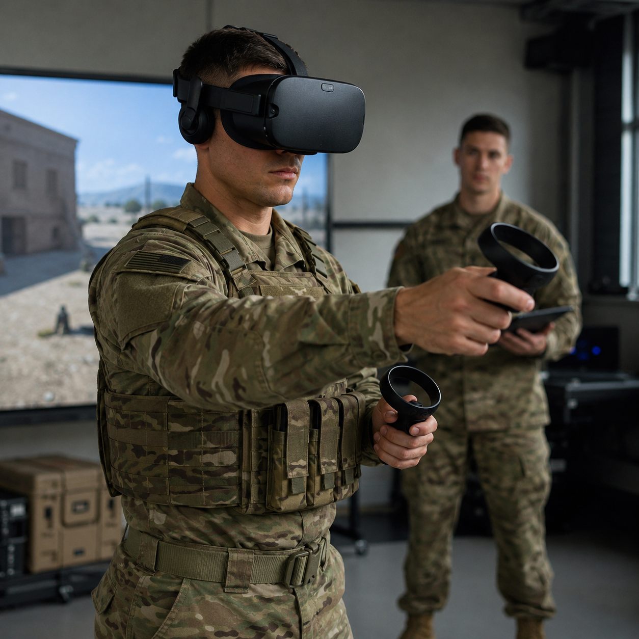 Soldiers training with VR simulation equipment