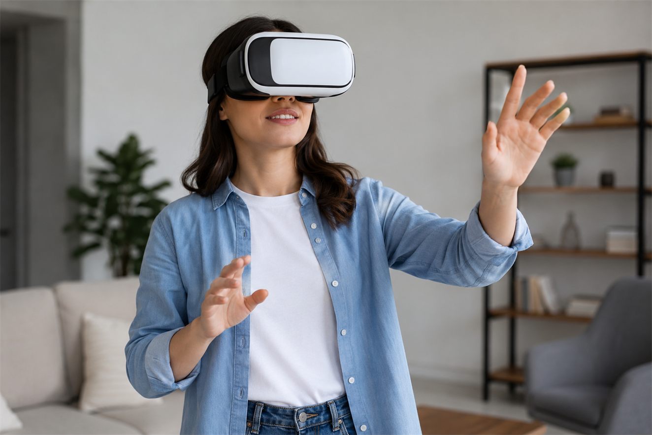 Person in an XR headset interacting with a persistent virtual world