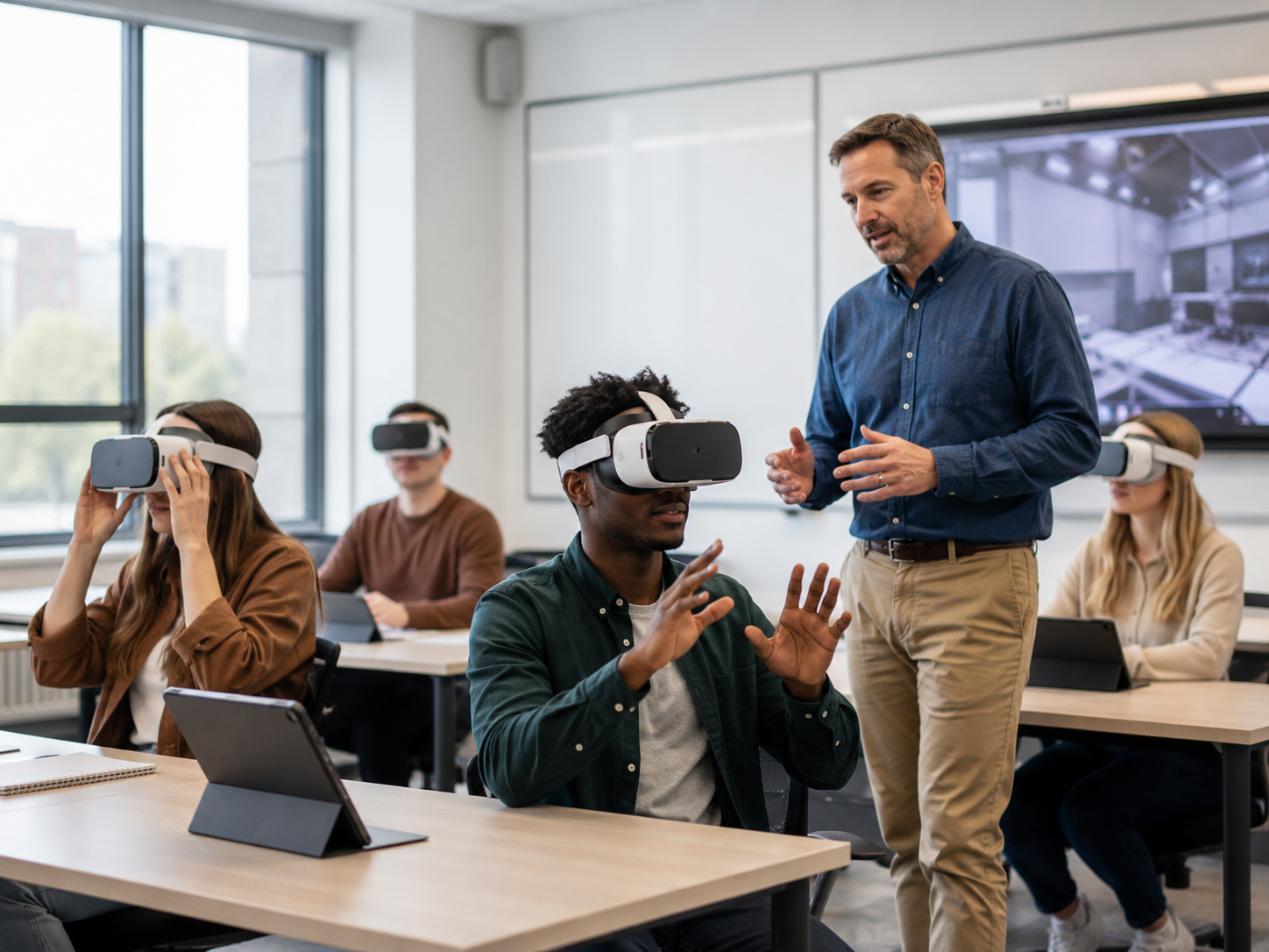 Trainees rehearsing a medical procedure in VR headsets