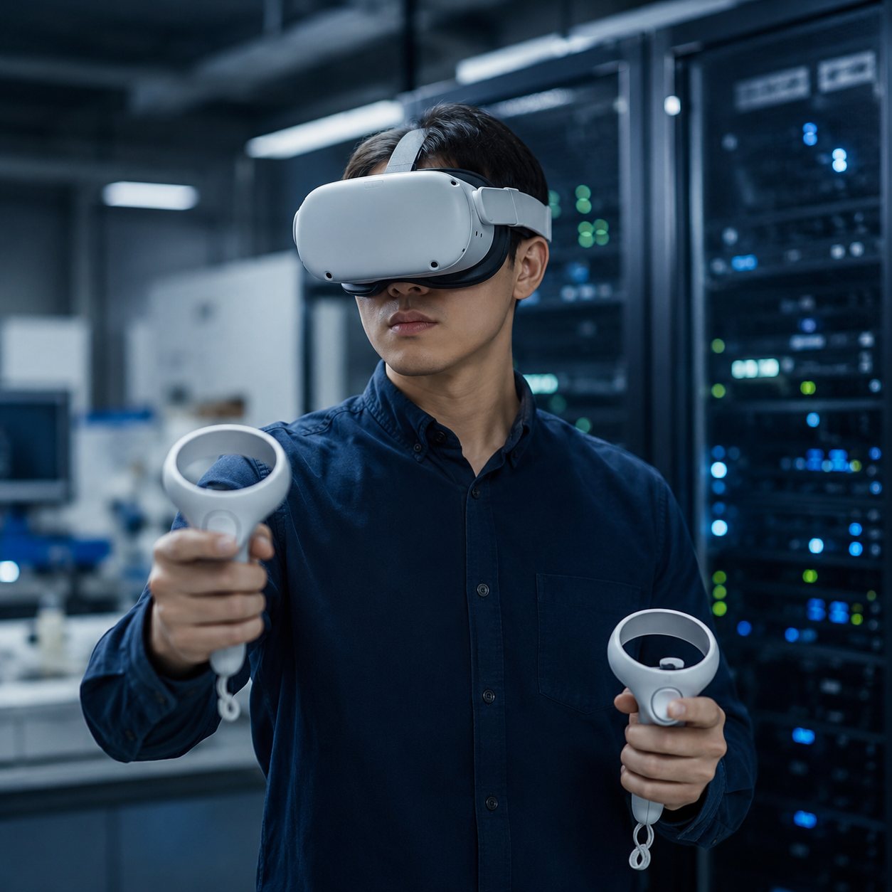 XR researcher wearing a headset in a server room